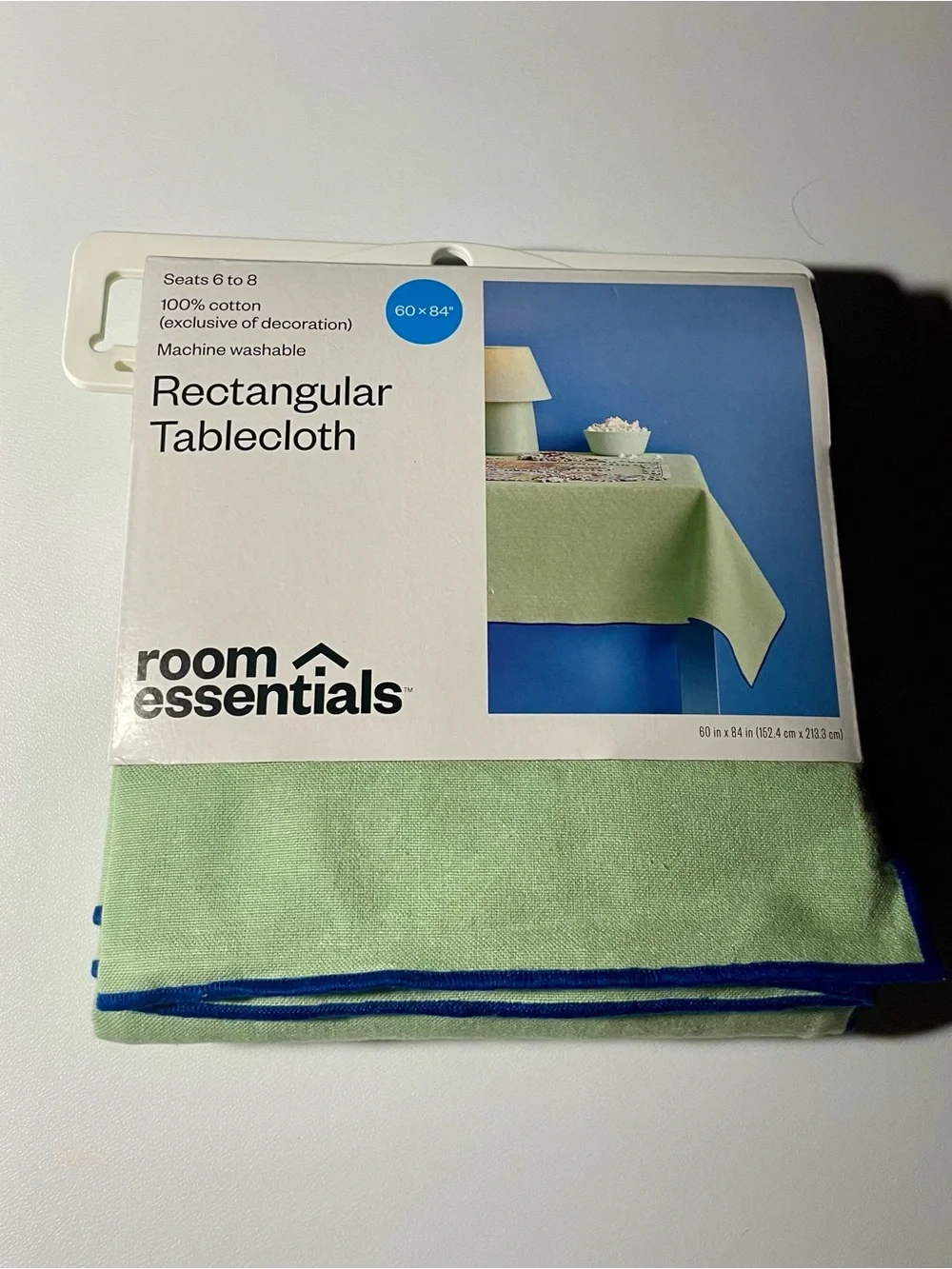 Room Essentials Light Green Tablecloth with Blue Edge 60”x84” NWT Home Decor